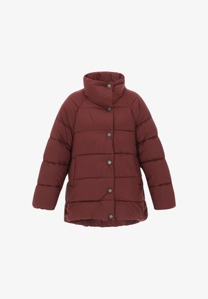 Burgundi värvi puhvjakker kõrge kraega, horisontaalselt quiltitud sektsioonid ja viis metallist nööpi esiküljel kindla sulgemise jaoks.