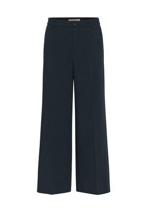 Pantaloni largi bleumarin din material neted, cu închidere frontală cu nasturi, benzi pentru curea și cute bine călcate pe fiecare picior.