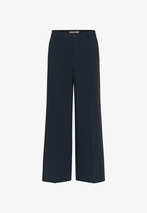 Mornarsko modre široke hlače iz gladkega blaga, z zapiranjem na gumbe spredaj, zankami za pas in lepo zlikanimi gubami na vsaki hlačnici.