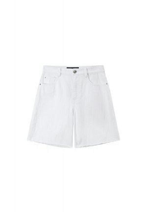 White denim shorts with a straight cut, featuring two front pockets, a frayed hem, and a silver button closure. Smooth texture.