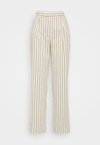 Creme-kleurige, gestreepte broek met verticale bruine lijnen. Kenmerkt zich door een hoge taille, plooien aan de voorkant en een losse pasvorm. Soepele textuur.
