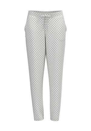 Světle šedé kalhoty se zúženými nohavicemi s drobným kruhovým vzorem po celé ploše, elastickým pasem, nastavitelným stahovacím páskem a bočními kapsami.