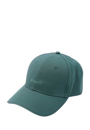 Casquette de baseball ajustable en coton teal, avec un visière courbée et trois broderies surélevées à l'avant. Texture lisse.