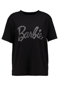 Černé bavlněné tričko s krátkým rukávem a kruhovým výstřihem, zdobené třpytivým kamínkovým logem "Barbie" napsaným kurzívou na přední straně.