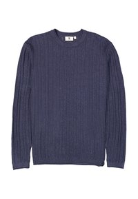 Donkerblauwe geribbelde trui met ronde hals. Gemaakt van textuurstof en heeft lange mouwen. Rechte zoom aan de onderkant.
