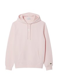 Světlá růžová mikina s kapucí, klokáním kapsou, stahovací šňůrkou a bílým logem. Vyrobená z hladké směsi bavlny.