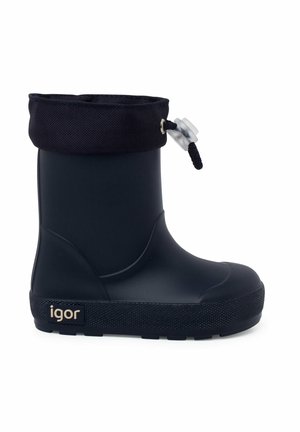 Bota de goma azul marino con suela texturizada y puño de lona negra. Cuenta con un cierre de cuerda para un ajuste seguro.