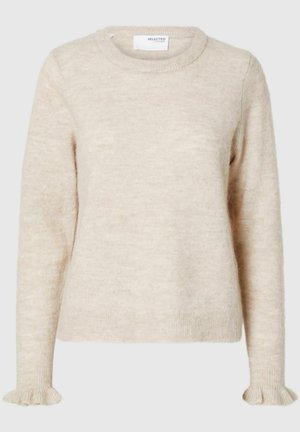 Krémový pletený sveter s okrouhlým výstrihom, dlhými rukávmi a volánikmi na zápästiach; mäkká textúra s mierne nadýchaným vzhľadom.