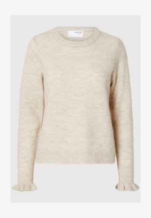 Krémový pletený sveter s okrouhlým výstrihom, dlhými rukávmi a volánikmi na zápästiach; mäkká textúra s mierne nadýchaným vzhľadom.