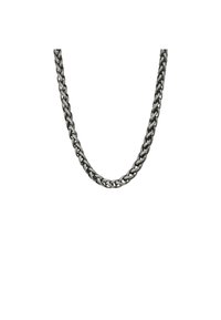 Zilverkleurige metalen kettingcollier met in elkaar grijpende schakel, met een gladde textuur en een gepolijste afwerking.