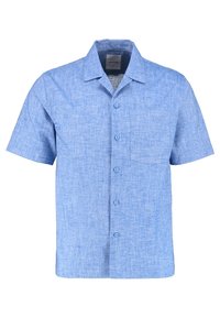 Ljust blå kortärmad skjorta med krage och en bröstficka, tillverkad av strukturerad, lättviktig tyg.