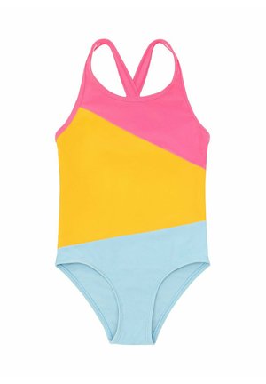 Mädchen-Einteiler-Badeanzug mit pinken, gelben und hellblauen Farbfeldern und gekreuzten Trägern an den Schultern.