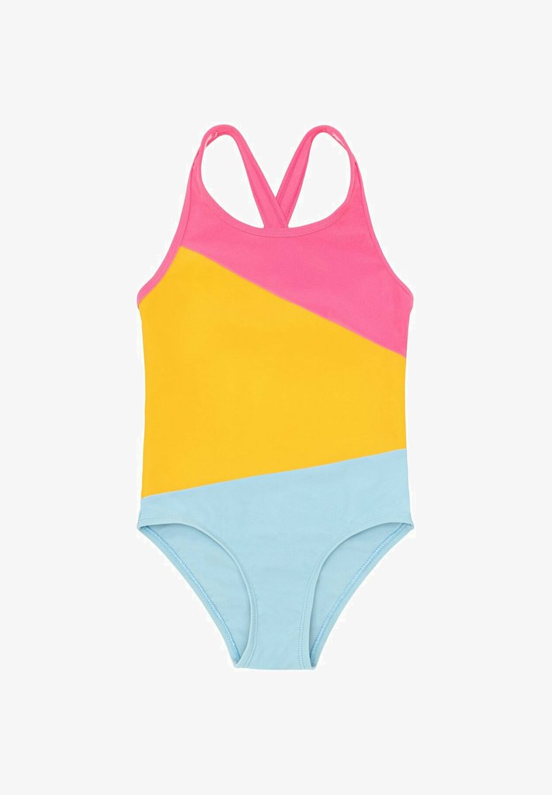 Maillot de bain une-pièce pour filles avec des blocs de couleur rose, jaune et bleu clair et des bretelles croisées sur les épaules.