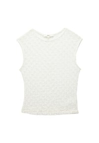 Top bianco a maniche corte realizzato in un tessuto texture con un motivo sottile. Presenta un colletto rotondo e una vestibilità rilassata.