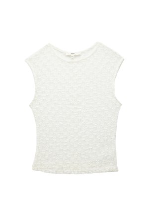 Top bianco a maniche corte realizzato in un tessuto texture con un motivo sottile. Presenta un colletto rotondo e una vestibilità rilassata.