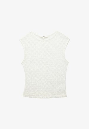 Top bianco a maniche corte realizzato in un tessuto texture con un motivo sottile. Presenta un colletto rotondo e una vestibilità rilassata.