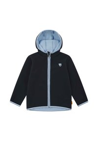 Zwarte zip-up jack met een blauwe binnenhood, contrasterende witte stiksels en een berenlogo op de borst. Glad, flexibel materiaal.