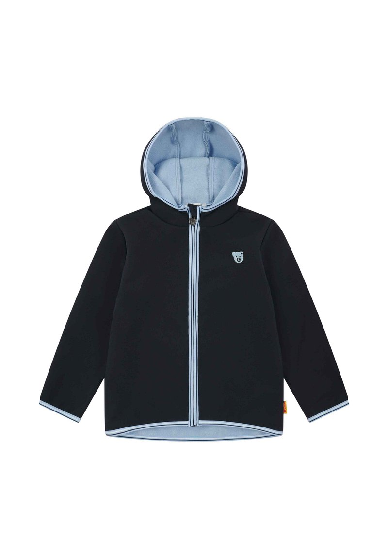 Zwarte zip-up jack met een blauwe binnenhood, contrasterende witte stiksels en een berenlogo op de borst. Glad, flexibel materiaal.