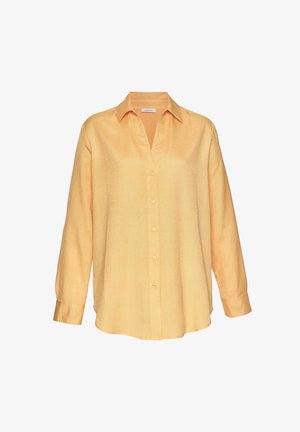 Button-up shirt in light yellow, featuring a collared neckline, long sleeves, and a textured fabric with a relaxed fit.