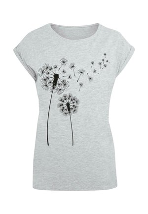 Gray short-sleeve t-shirt featuring black dandelion graphic design, including two large flowers and seeds dispersing. Soft cotton material.