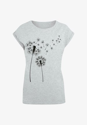 Grijze t-shirt met korte mouwen met een zwart paardenbloemgrafiek, inclusief twee grote bloemen en zich verspreidende zaden. Zacht katoenen materiaal.