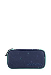 Navy pencil case with a smooth fabric, featuring a pattern of small, colorful drops, and a teal zipper. Brand logo displayed on the side.