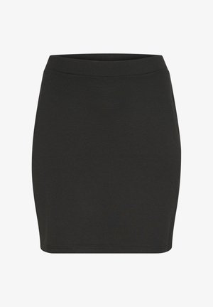 Juodas prigludęs mini sijonas, pagamintas iš tamprios medžiagos. Su lygiu juosmeniu ir paprastu apvadu. Be raštų ar papildomų akcentų.