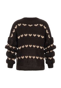 Pull tricoté marron foncé avec des motifs de cœurs beiges disposés en rangées horizontales, doté de manches longues légèrement bouffantes.