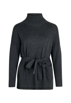 Dark gray knitted sweater with a high neck, long sleeves, and a tie waist. Features ribbed hem and cuffs for texture and detail.