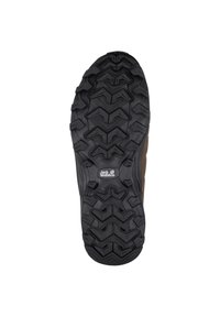 Suola in gomma nera con scanalature profonde e motivi di trazione, con una parte superiore in camoscio marrone visibile di lato. Presente il logo Jack Wolfskin.