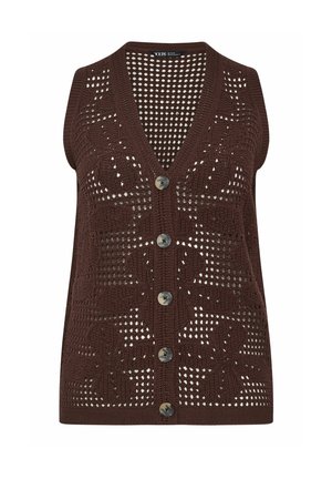 Bruine mouwloze gehaakte gebreide vest met een V-hals, bloemmotief en vijf knopen aan de voorkant.