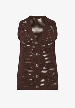 Gilet senza maniche marrone lavorato a maglia all'uncinetto con scollo a V, motivo floreale e cinque bottoni frontali.