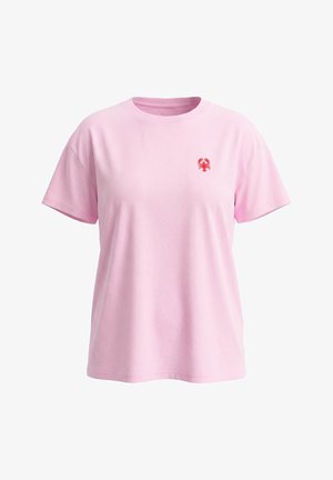 Lyserød kortærmet bomuld T-shirt med rund hals og lille rød hummer broderet på venstre bryst.