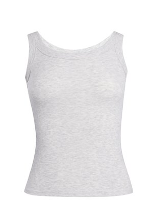 Lichtgrijze mouwloze geribbelde tanktop met ronde halslijn en aansluitende pasvorm.