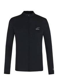 Veste noire à manches longues et zippée en matériau texturé. Dotée d'un col haut et d'un petit logo blanc sur la poitrine. Design simple.