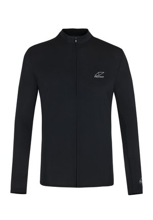 Czarna, długosleeve'owa kurtka zapinana na zamek, wykonana z teksturowanego materiału. Posiada wysoki kołnierz i małe białe logo na piersi. Prosty design.