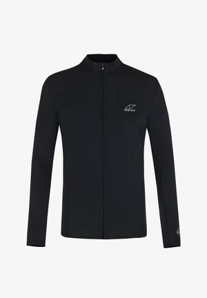 Schwarze, langärmelige zip-up Jacke aus strukturiertem Material. Mit einem hohen Kragen und einem kleinen weißen Logo auf der Brust. Schlichtes Design.