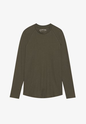 Maslinasto zelena košulja s dugim rukavima od rebrastog materijala. Ima okrugli izrez i raglan rukave s zaobljenim rubom. Bez logotipa ili uzoraka.