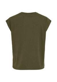 Πράσινο λαδί κοντομάνικο μπλουζάκι με στρογγυλή λαιμόκοψη, εμφανιζόμενο από πίσω σε λευκό φόντο.