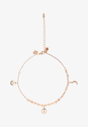 Brățară delicată din lanț aur roz cu pandantiv agățat în formă de simbol al păcii, lună și talisman dreptunghiular, având o închizătoare reglabilă și un clopoțel mic.