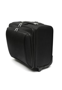 Black hard-shell suitcase with smooth texture, dual zippers, sturdy handle, and a rectangular shape. Features rounded corners and plastic feet.