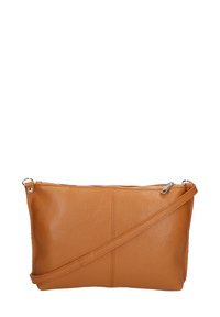 Borsa a tracolla in pelle color tan con finitura testurizzata, chiusura con zip e tracolla regolabile. Presenta una forma rettangolare semplice con dettagli delle cuciture.