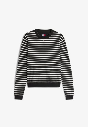 Czarnobiały sweter w paski z długimi rękawami, ze ściągaczem przy dekolcie i mankietach, z małym logo na piersi. Materiał bawełniany.