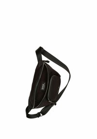 Schwarze Schultertasche aus recyceltem Nylon mit verstellbarem Tragegurt, ausgestattet mit einem Hauptfach mit Reißverschluss und einer kleineren Vortasche mit Reißverschluss.