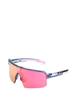 Lunettes de sport avec une seule lentille teintée rose, monture noire et translucide, et plaquettes de nez ajustables.