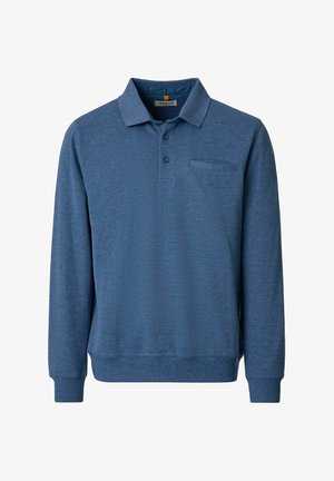 Langærmet blå polo med krave, to knapper og en brystlomme, lavet af tekstureret stof.
