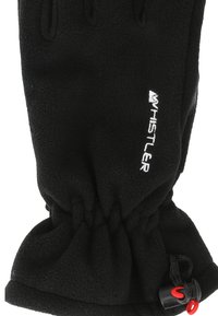 Zwarte fleecelaren met elastische manchet, voorzien van een logo in het wit en een rode verstelbare toggle voor een veilige pasvorm. Zachte textuur over het geheel.