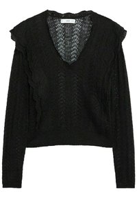 Mustapainen neulepaita, jossa on V-pääntie, pitkät hihat ja rypytetty yksityiskohta harteilla. Tekstuurissa on aukkoja sisältävä malli.