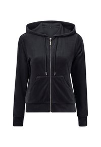 Haut à capuche zippé noir en tissu doux, comportant une capuche, des poches avant et des poignets côtelés, avec une texture lisse et peu d'accents.