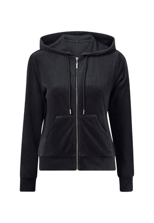 Haut à capuche zippé noir en tissu doux, comportant une capuche, des poches avant et des poignets côtelés, avec une texture lisse et peu d'accents.